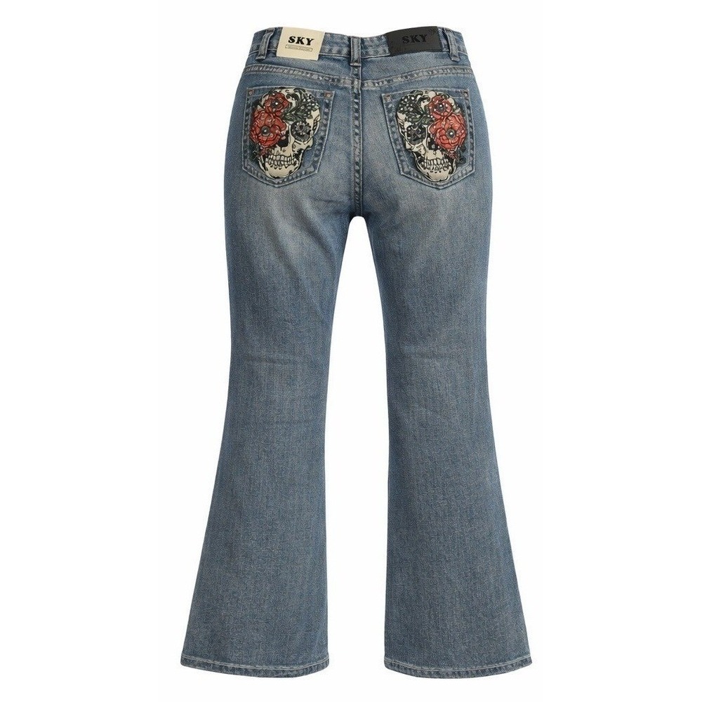 SKY Floral Sugar Skull Flare Jeans Size 9/29 NWT Embroidered Rhinestone Blue - Picture 2 of 11